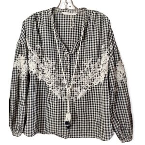ZARA black white check 100% cotton embroidered long sleeve top